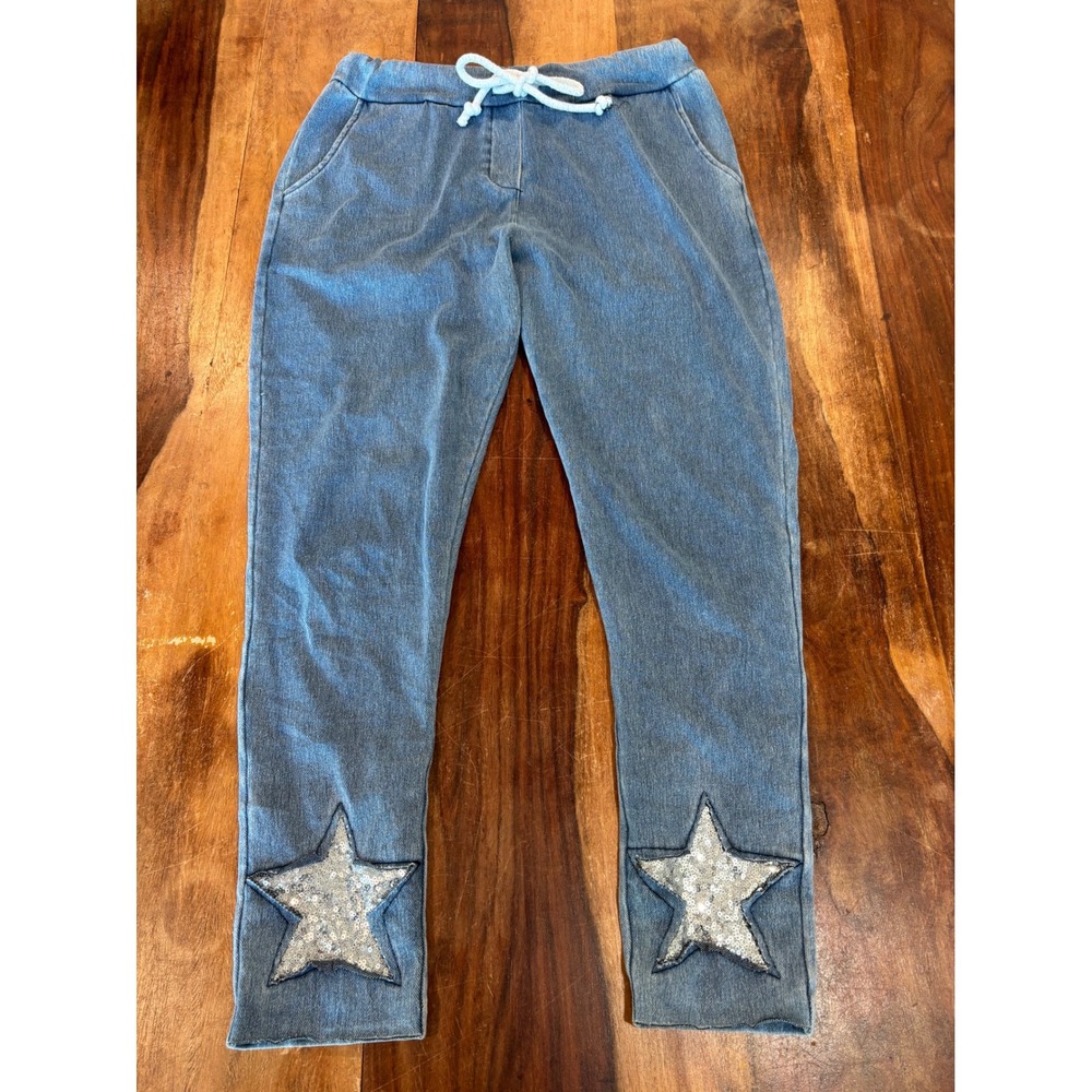 Blue denim look joggers sequin star patch drawstring waist pants medium wash